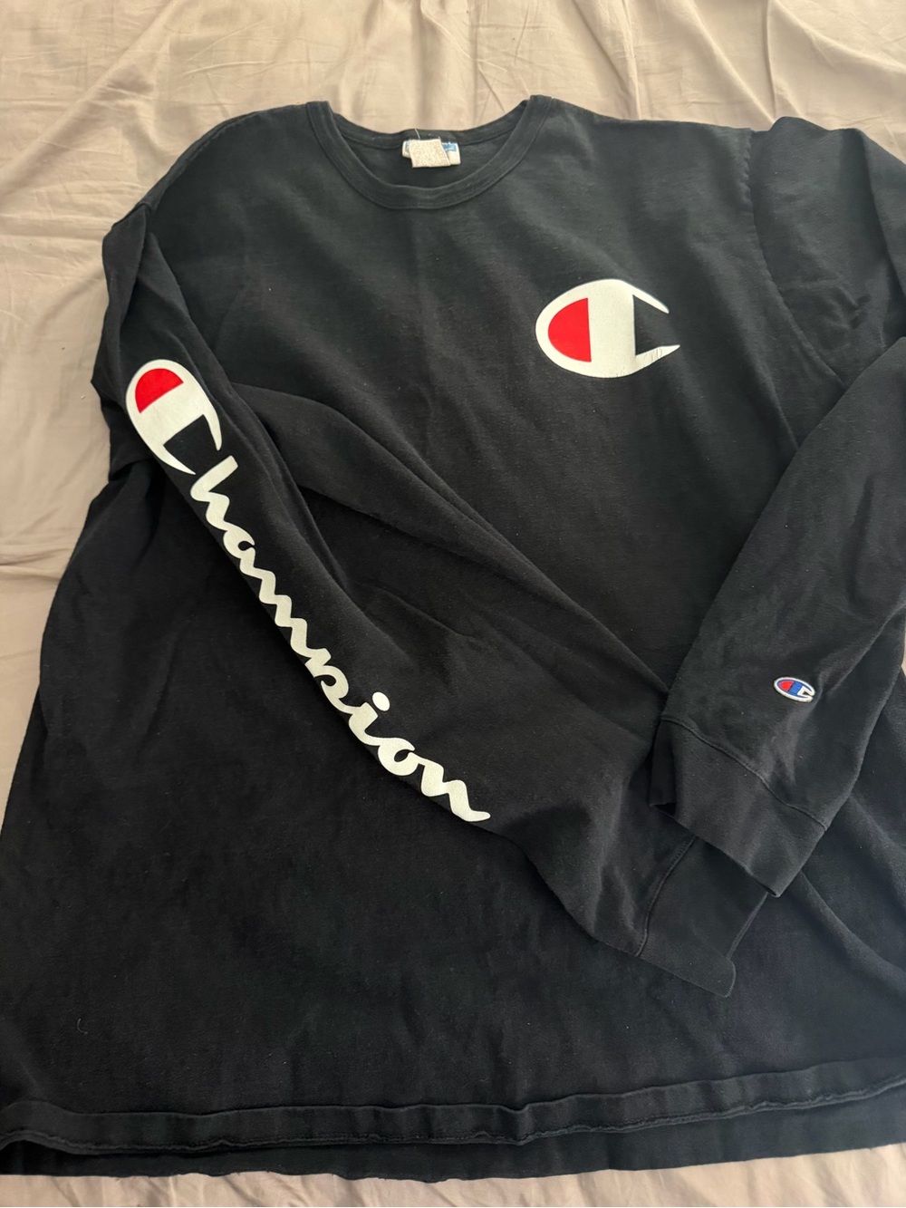 Champion Black Long Sleeve Shirt with Red & White Logo